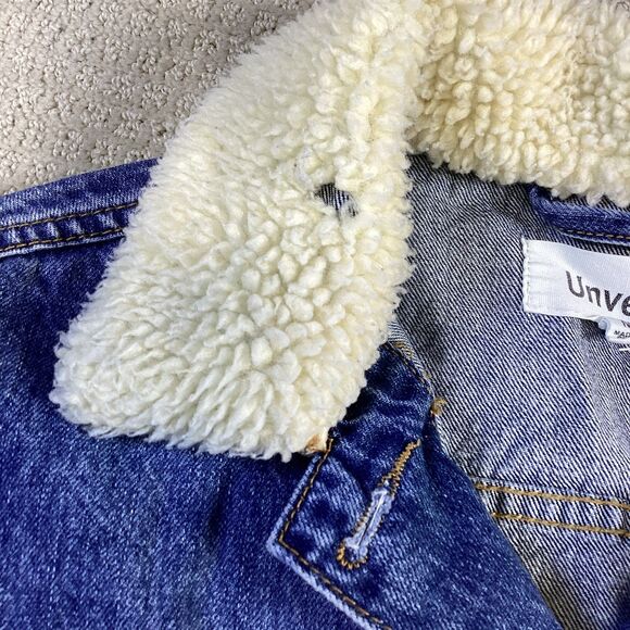 Unveil Denim Trucker Jacket Faux Shearling Collar Blue Jean Coat - Picture 3 of 6